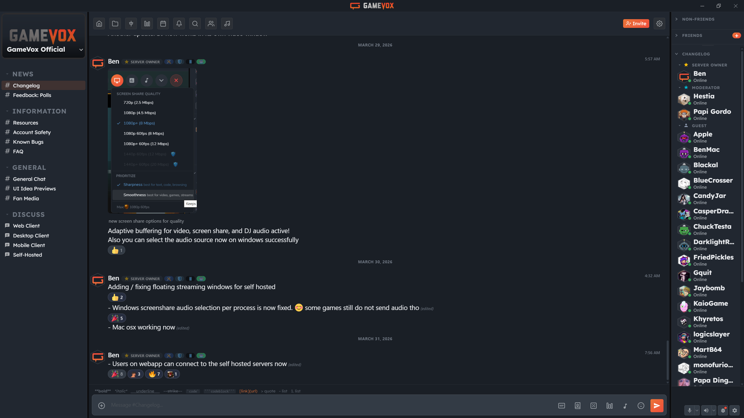 GameVox desktop app showing a server with voice, text, and screen sharing